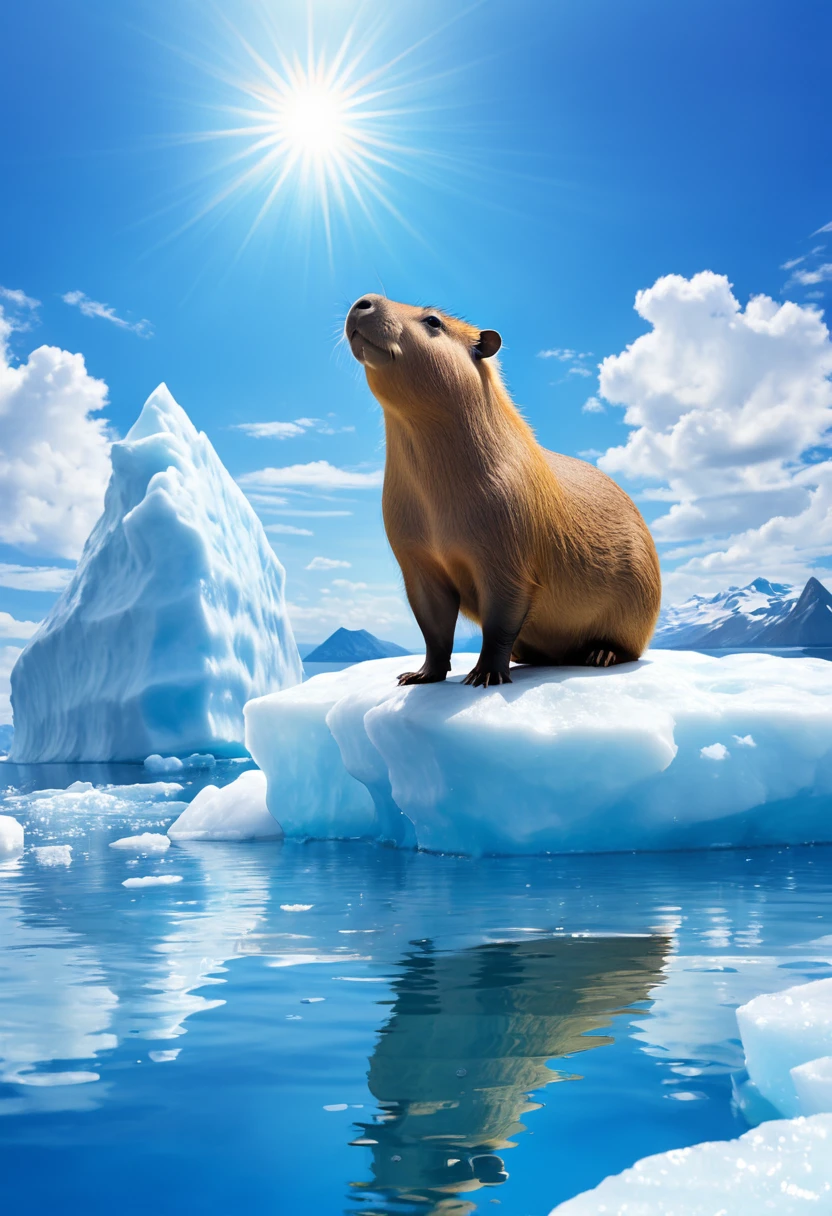 Capybara standing on an iceberg、Sunny midsummer sky、