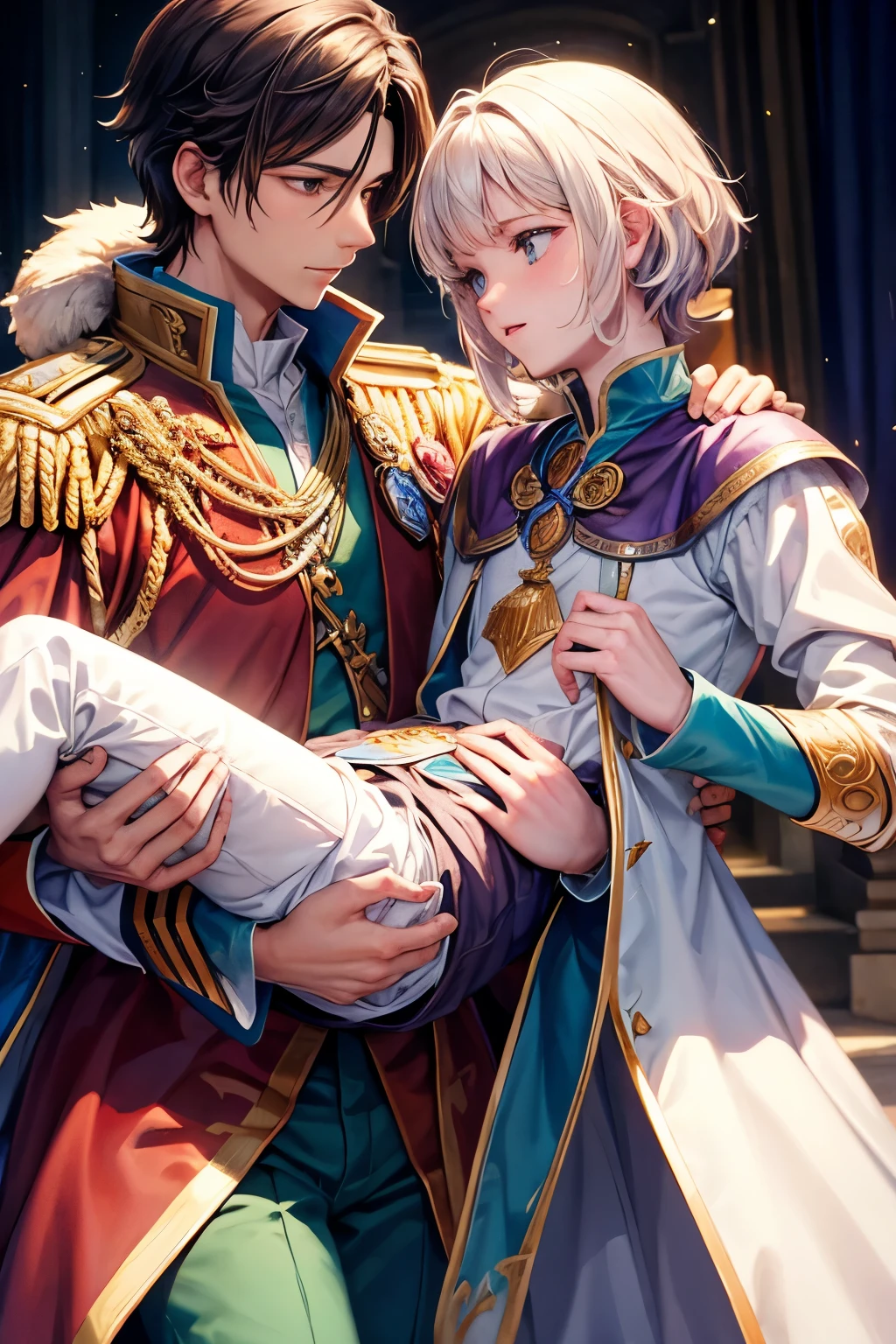 make me an animated picture. A male prince who was being carried by the prince's knight went limp