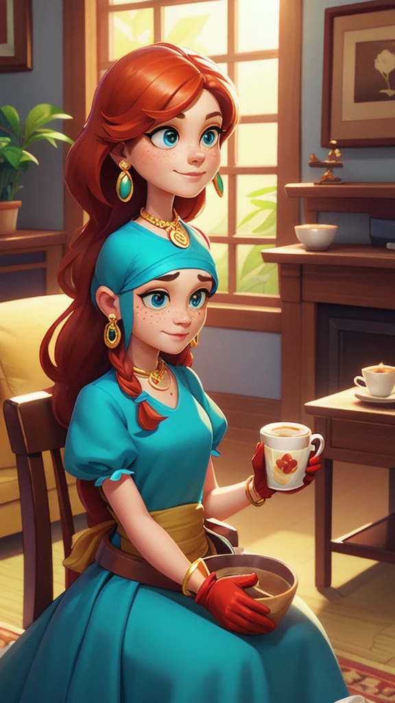 （whole body：1.5），Mid-Long View，carpet，Puppy on the floor，shoe，Concept Art,character illustration of a,European and American cartoons,一个20岁的金发女生悠闲的sit在living room，Holding a cup of coffee，A laid-back expression，Relax，Leisure，Leisure，European and American cartoons，1 Girl,freckle,Solitary,Jewelry,Green Eyes,Weaving,earrings,twin Weavings,necklace,Looking at the audience,Red hair,breast,Vague,plant,Short sleeve,Vague background,diaphragm,Upper Body,Puff sleeves,bracelet,Smile,Long hair,puffy Short sleeve,Necklace,Umbilical cord,Top of crop,dress，flower，Coffee cup，Gloves，earrings，Jewelry，肘部Gloves，cup，blue eyes，Long hair，蓝色dress，sit，Chair，window，cake，小cake，sofa，living room，solo