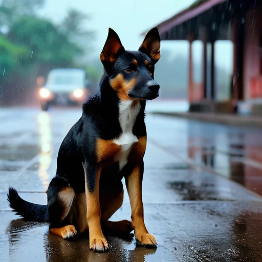 poor stray dog,Abandoned,rain,cold,movie scene,4K,high quality,Touching,Depth of Field,Background blur