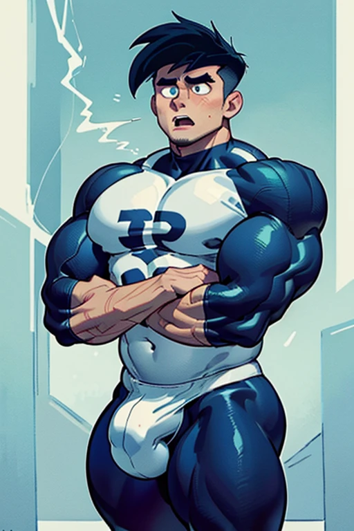 Danny Phantom and Dash Baxter, football stadium background, ghost, hypnosis, jock, conversion, locker room hallway, hyper muscles, jockstrap, bro, meathead, hypnotized, brainwashed, brainwashing, big dumb jock, football. Glowing blue eyes. Hyper crotch bulge. Massive bulging crotch. Big balls. Big biceps. Big triceps. Big traps. Broad shoulders. Big meaty pecs. Big thighs. Thick glutes. Hyper muscles. crew cut. Football team assimilation. Well endowed. Clothes turning into Casper High School football uniform. Danny Fenton looks shocked and gradually transitions to a dull vapid expression instead as his eyes glow. Fellow football players lay gloved hands on his shoulder pads. "Gah! What happened to me? I look like a—! Like a ... BIG ... DUMB ... JOCK...." Open mouth. Blank stare. digital painting. Very detailed. Vapid stare. Dumber and dumber. Brain drain. Dash Baxter smirks and says, "That's because that is what you are now, Fenton. You're gonna be just like us. And you're gonna love every minute of it." Danny replies, "Love ... being ... a jock.... Big ... dumb ... studly ... football jock...."