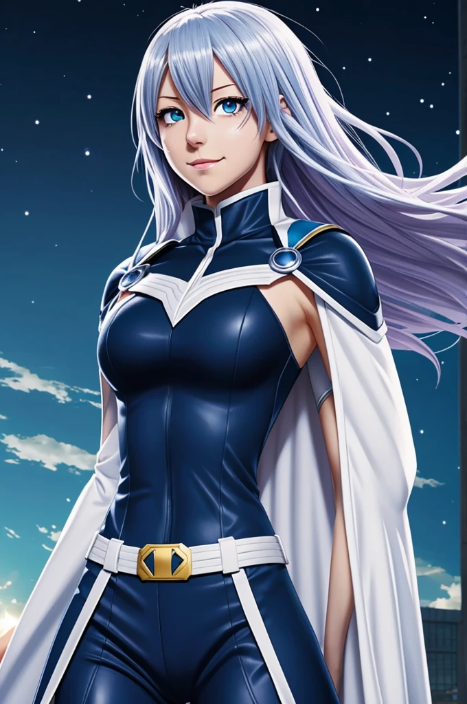 Anime Boku no hero academia comics panel of a female she has pearl colored hair, and she is a hero, she is wearing a dark blue hero costume and white hero cape