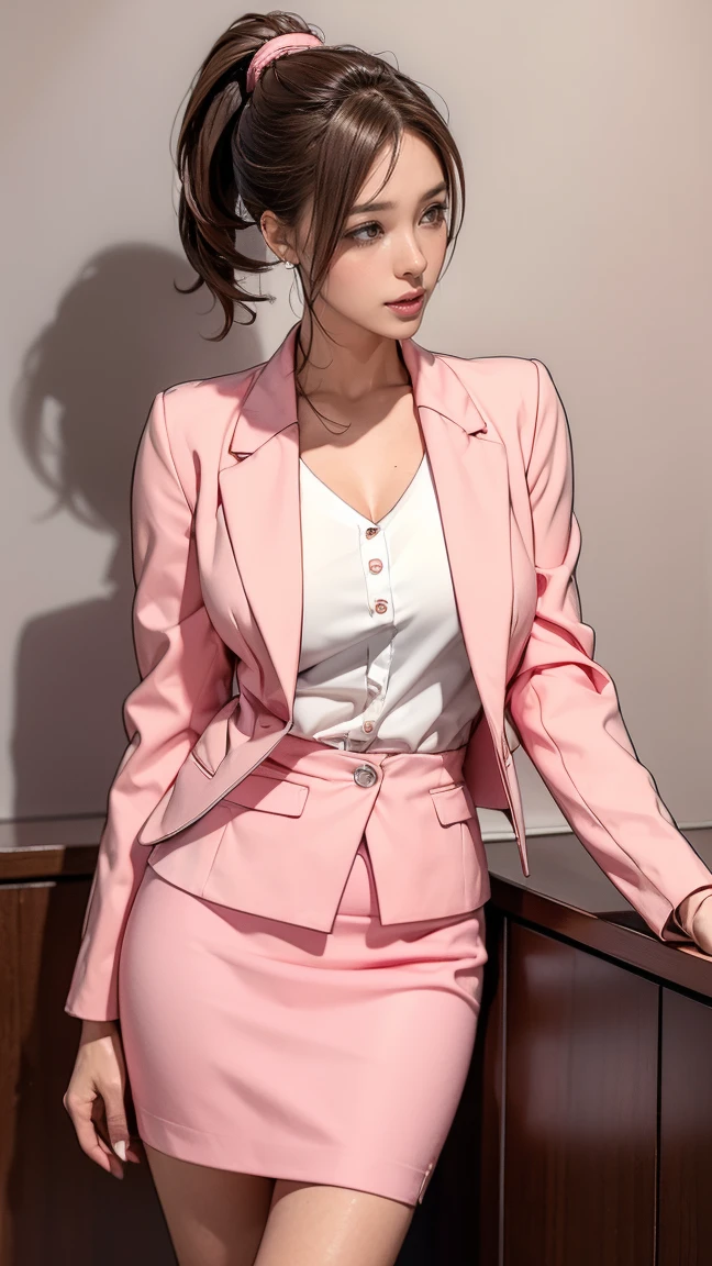 (Best quality, 4K, high resolution, masterpiece:1.2), ultra-detailed, realistic (photo-realistic:1.37), 34 years old, Japanese office lady, (wearing pink|coral blazer jacket over a crisp white blouse pair with pink|coral short pencil skirt with a small front-slit), (graying gradient hair, with brown tips smoothly fading to gray roots), ponytail hair, pink|coral heels, perfect make up, 38d-cup size breasts, toned slim body, flat abs, hourglass female silhouette, customer welcome pose, bank background. Sharp focus on details, modern environment, striking visual impact, confidently poised, aura of professionalism, symbol of reliability, high-end lifestyle, extraordinary charisma.