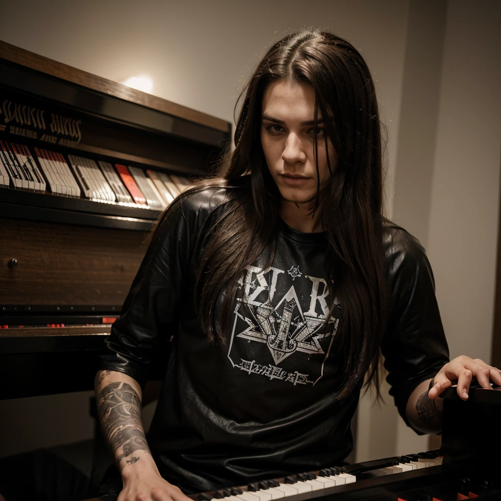young man with long hair,wear leather with metalband t shirt inside, wear corpse make up ,play piano