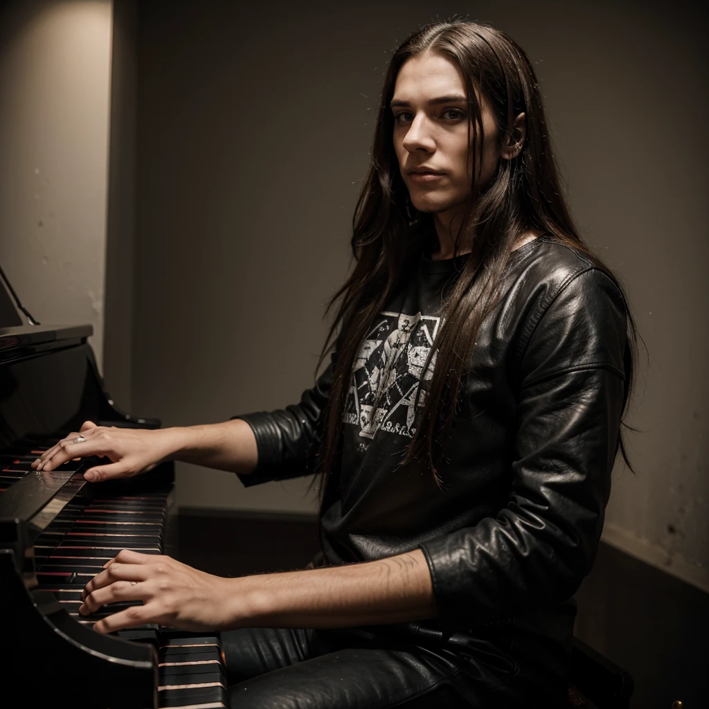 young man with long hair,wear leather with metalband t shirt inside, wear corpse make up ,play piano