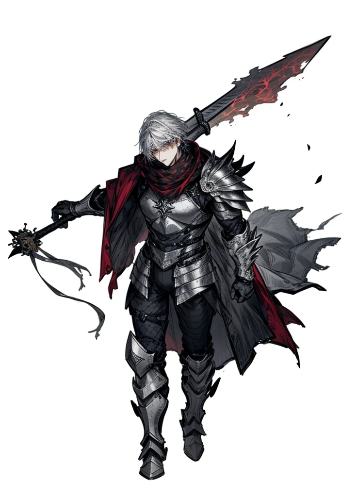 1boy ,Silver hair, silver eyes ,silver armor, mercenary, leather suit, weapon, sfw, beautiful clothes , (masterpiece, best quality) , sword, calm