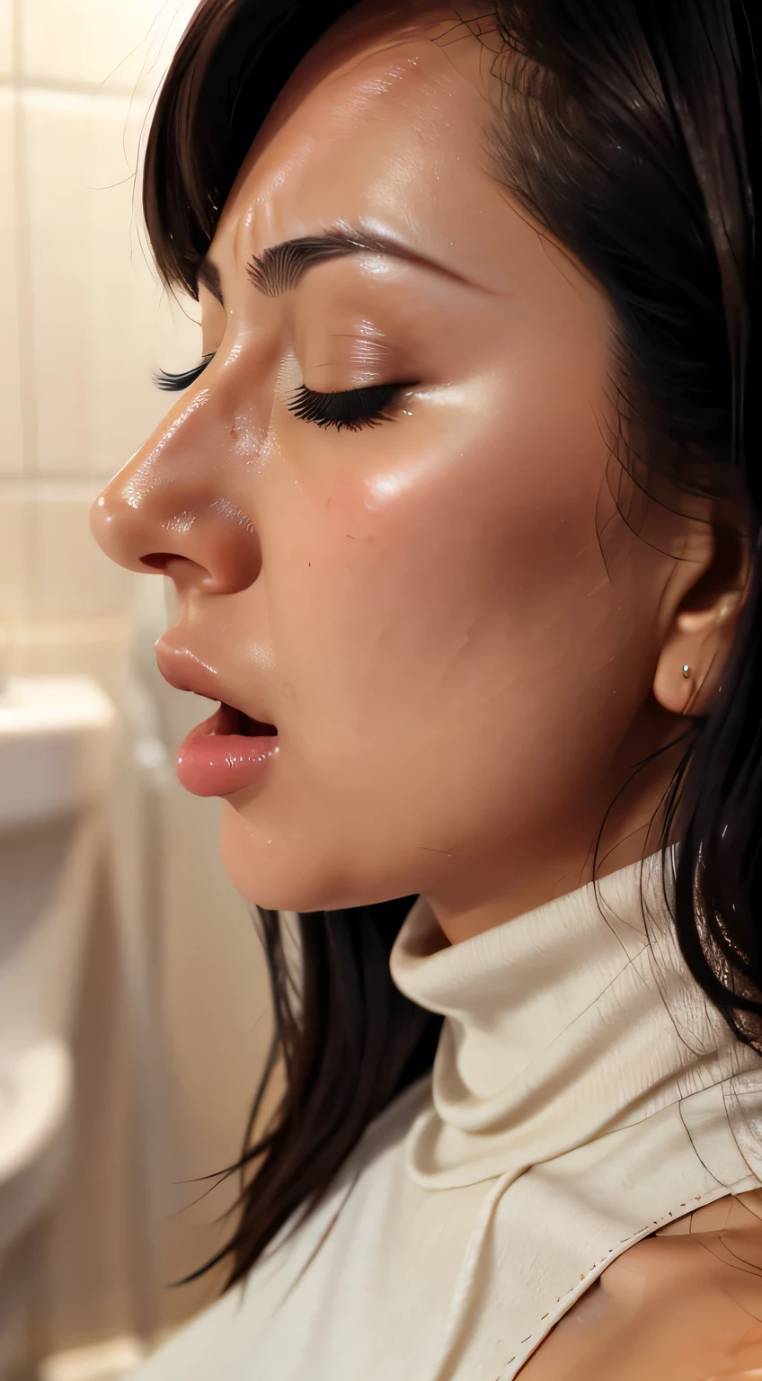 Beautiful Japanese actresses、1 Girl,Flying debris,,Award-winning photo, Very detailed,Face Focus, Big double eyes(Woman with open mouth and closed eyes ), 30 years old、Black Hair、Shiny skin、(((Face close-up)))、Realistic nostrils、Long and narrow nasal cavity,、In the toilet、(On the floor of a public toilet)、squat、((White turtleneck sleeveless dress))、Big Breasts、(Sharp Nose)Frowning performance:1.4,,Facial Expressions,Frowning,please raise your head、Skin shiny with sweat,Oily facial skin,Biting your lip,Tied Hair,Wearing a tank top,Put your nose closer to the camera,((Open your mouth wide to receive something))View your viewers, (((Damp philtrum))),((Face close-up)),(((Close-up of the nose)))(((furrowed brow, raised eyebrows)))