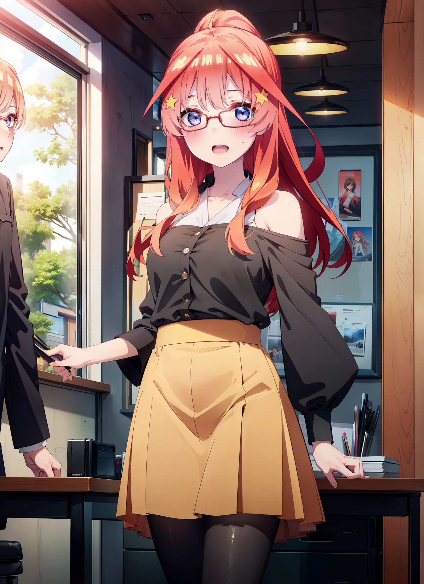 itsukinakano, itsuki nakano, bangs, blue eyes, Hair between the eyes, Ahoge, Redhead, star \(symbol\), hair ornaments, star hair ornaments,smile,blush,Open your mouth,ponytail,Red-rimmed glasses,Cold Shoulder Shirt,Long skirt,Black pantyhose,Stiletto heels,Walking,There is a computer on the table,interior,Chair,whole bodyがイラストに入るように,
break indoors, office,
break looking at viewer, whole body,
break (masterpiece:1.2), Highest quality, High resolution, unity 8k wallpaper, (figure:0.8), (Beautiful attention to detail:1.6), Highly detailed face, Perfect lighting, Highly detailed CG, (Perfect hands, Perfect Anatomy),