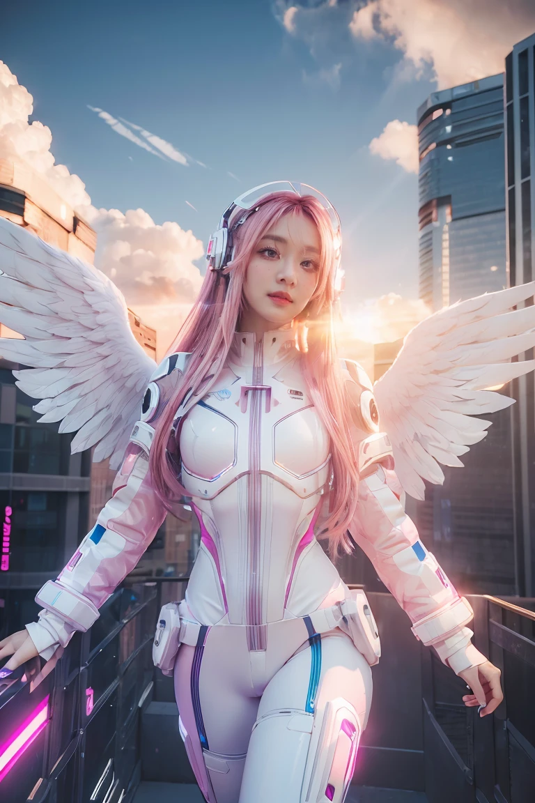 ((masterpiece, best quality, extremely detailed), volumetric lighting, ambient occlusion, colorful, glowing),
1girl, solo, young girl, (pink hair), long hair, halo, aura, sacred, godness, cyber suit, (white outfit:1.3), android, bot, angel wings,
outdoors, sunset, sky, clouds, space, (cyberpunk theme:1.2),