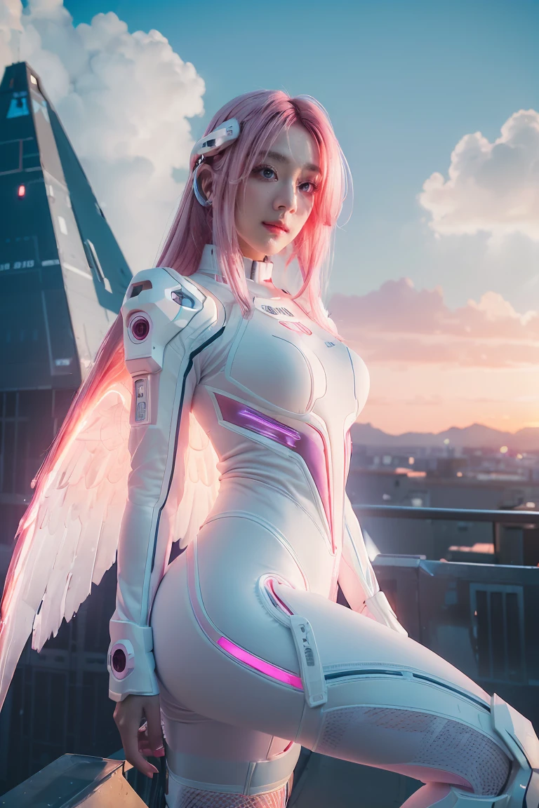 ((masterpiece, best quality, extremely detailed), volumetric lighting, ambient occlusion, colorful, glowing), 
1girl, solo, young girl, (pink hair), long hair, halo, aura, sacred, godness, cyber suit, (white outfit:1.3), android, bot, angel wings,
outdoors, sunset, sky, clouds, space, (cyberpunk theme:1.2),