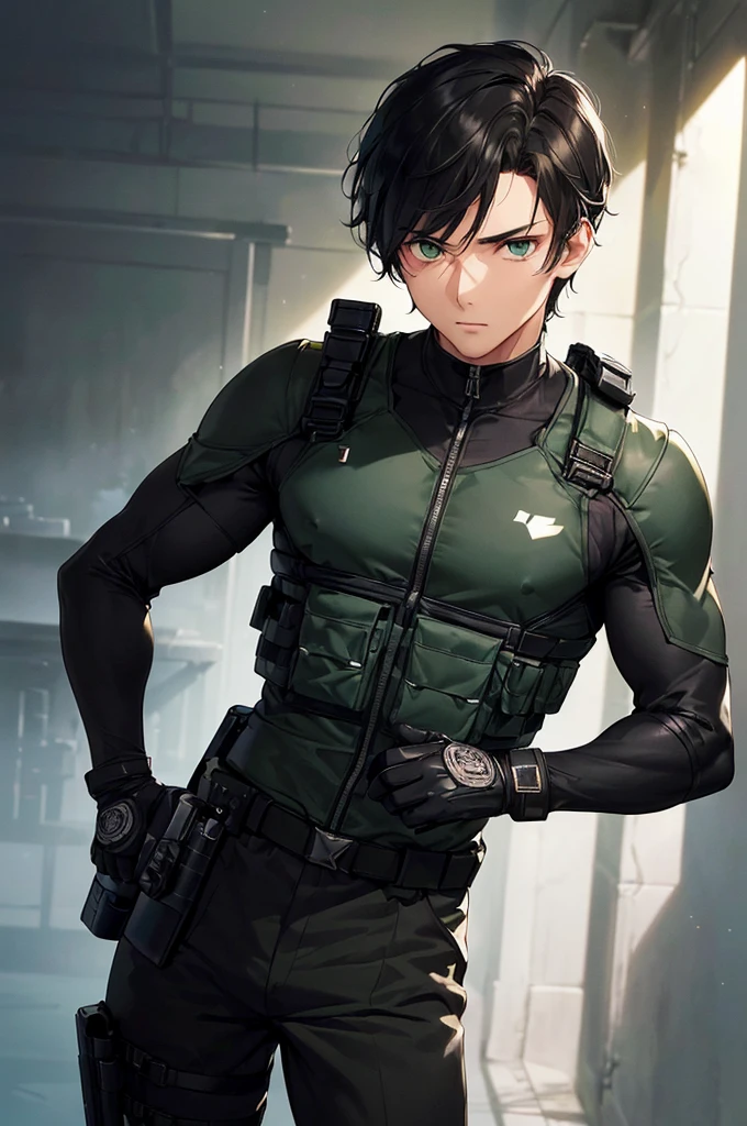 (masterpiece; best quality: 1.2), (finely detailed eyes: 1.3), ((25 year old man)), ((solo)), (green eyes: 1.4), (body; lean, fit, masculine: 1.3), (short black hair: 1.3), (beautiful and clear background: 1.2), ((depth of field)), (equipment: all-black spec-ops soldier uniform + black gloves + holstered pistol + pouches: 1.3), (anime illustration: 1.2), (background composition; military base office: 1.1), (extremely fine and handsome: 1.1), (shot composition; standing + centered on torso + close-up: 1.5), (expression; calm, stoic: 1.2)