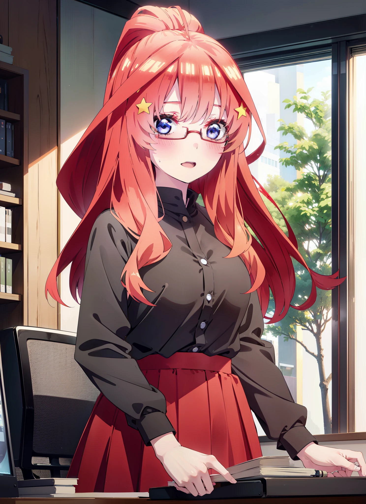 itsukinakano, itsuki nakano, bangs, blue eyes, Hair between the eyes, Ahoge, Redhead, star \(symbol\), hair ornaments, star hair ornaments,smile,blush,Open your mouth,ponytail,Red-rimmed glasses,Cold Shoulder Shirt,Long skirt,Black pantyhose,Stiletto heels,Walking,There is a computer on the table,interior,Chair,whole bodyがイラストに入るように,
break indoors, office,
break looking at viewer, whole body,
break (masterpiece:1.2), Highest quality, High resolution, unity 8k wallpaper, (figure:0.8), (Beautiful attention to detail:1.6), Highly detailed face, Perfect lighting, Highly detailed CG, (Perfect hands, Perfect Anatomy),