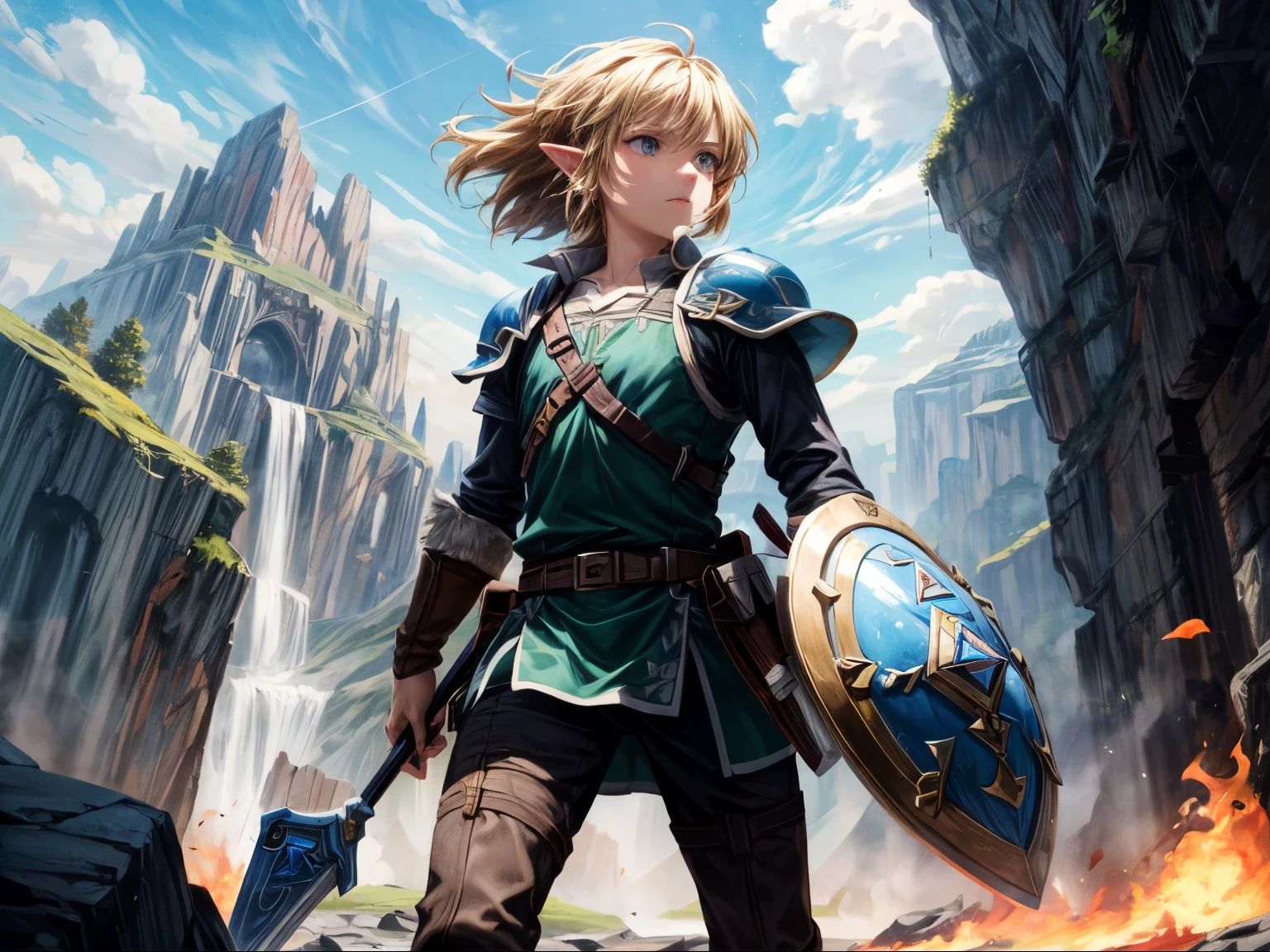 Photorealistic,Actual photo,colorful,The Legend of Zelda,Brave,The Adventure of Link,Use a shield to protect yourself from attacking enemies,
Sword Fighting,Shoot a bow and arrow,Magic Fireball,
dynamic,High tension,A captivating adventure,
My heart is filled with anticipation for the future,
Depth of written boundary,Distant mountain ranges,Snow Mountain,
Detailed Description,View here,Serious,decision,Strong-willed,
Perfect face and body,Detailed face,Perfect Anatomy,Beautiful Face,
masterpiece,Highest quality,8K,High resolution,Raw photo,Professional,
Award-winning,Browsing Caution,
Cinematic lighting,Natural lighting,Spotlight on him,
Warm tones,
Medium Shot,
Physically Based Rendering,
Thin contours,
