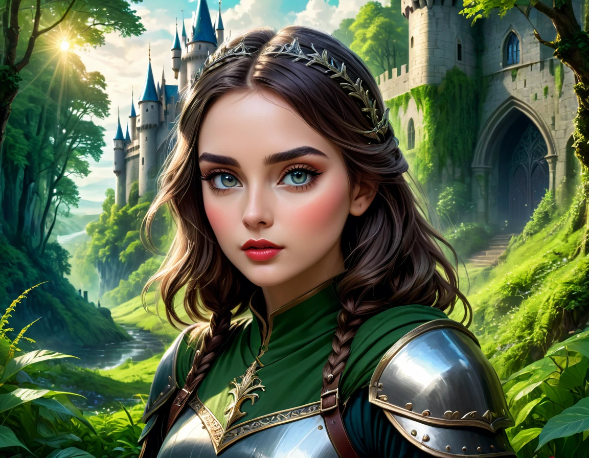 A fantasy landscape, detailed forest with lush foliage, epic castle in the distance, beautiful detailed eyes, beautiful detailed lips, extremely detailed face and features, long eyelashes, medieval fantasy outfit, sword and shield, dramatic lighting, cinematic composition, vibrant colors, digital art, concept art style, (best quality,4k,8k,highres,masterpiece:1.2),ultra-detailed,(realistic,photorealistic,photo-realistic:1.37)