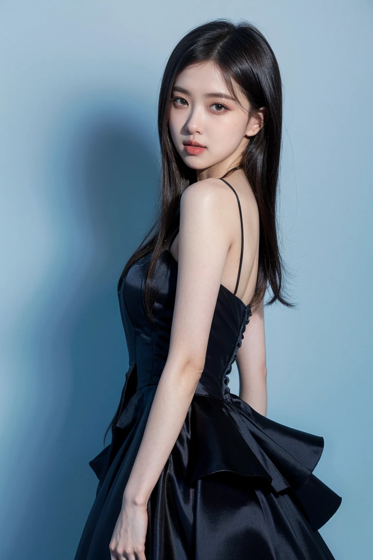 21 year old girl, blue background, beautiful dress