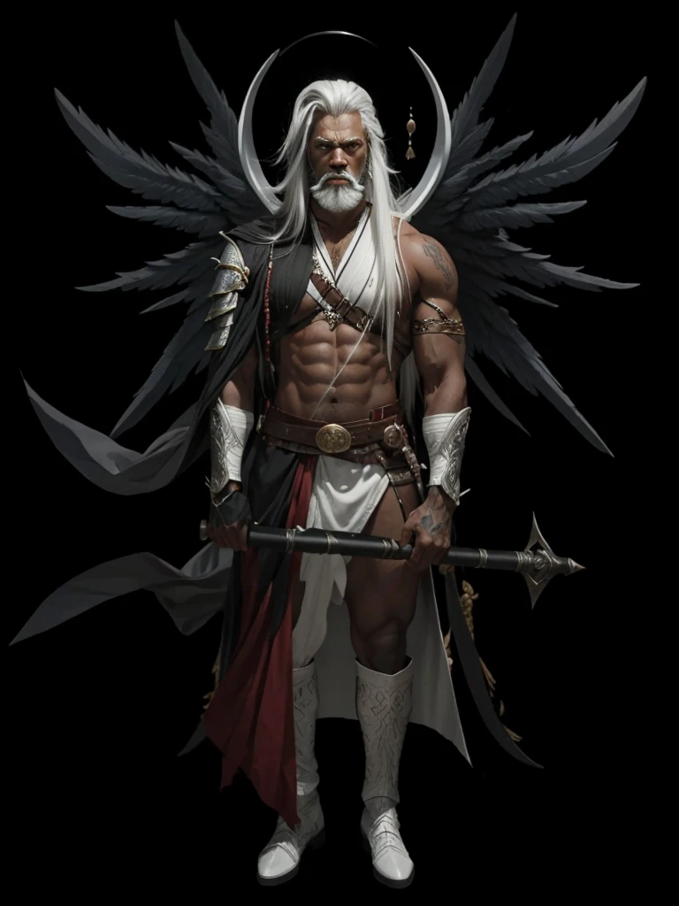 A very strong black gentleman, warrior with a staff in hand, with white long hair, with eyebrows and white beard, with black wing and warrior outfit set.