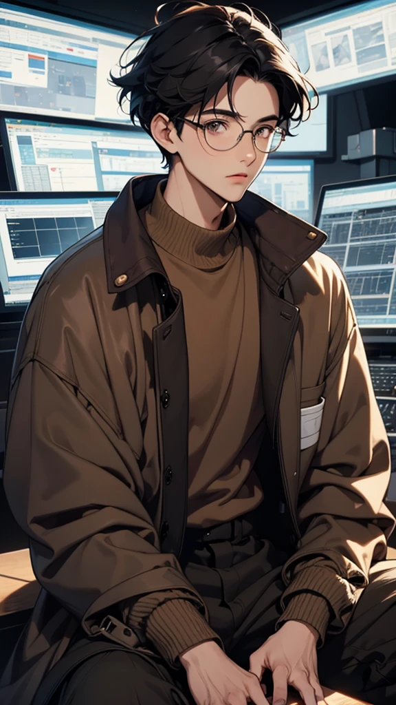 1 boy, Young Man, Eyes staring at the camera, Perfect Male Body, (Black Hair, Brown coat,Brown sweater, Glasses, Sit in front of your laptop),Computer screen, Control Room