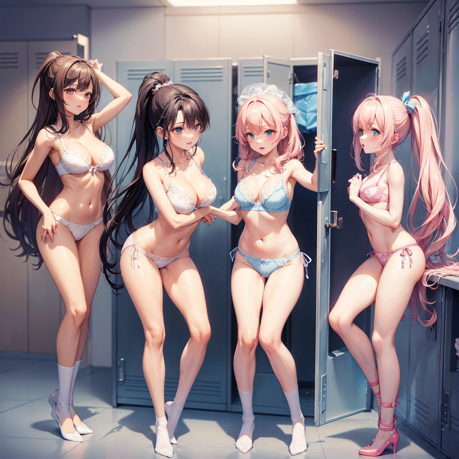 (((masterpiece, Highest quality, High resolution, 超High resolution, Perfect Pixel, Depth of written boundary, 4K, RTTX 10.0))), Beautiful Anime Women, Beautiful art style, Anime characters, ((Smooth texture, Realistic texture, Anime CG Style)), Exact finger count、Exact number of legs、(Exact number of arms:1.0, Exact number of hands:1.0), (Perfect hands, Perfect Anatomy), Cinematic, Realistic, Extremely detailed CG, Daytime lighting, Perfect lighting, Best Shadow, The best natural light, whole body, Perfect body, バランのとれたPerfect body, Perfectly balanced style, (Slender body:1.2), Small face, ((bangs, Various hairstyles, Stylish hairstyle)), ((Three pretty women are getting changed in the dressing room:1.8)), ((Sexy and cute white underwear, Sexy and cute light blue underwear, Sexy and cute pink underwear:1.3), (Stylish shiny satin panties, Side-tie panties, Panties with a plain center and lace decoration on the sides:1.3), (Thin panties with ribbon:1.3), (Micro Satin Bra, Lace-trimmed bra, Thin bra with ribbon:1.3), (Knee socks:1.3):1.3), (Beautiful big , Cleavage:1.1), (Embarrassed expression:1.2), (School changing room, locker room:1.5), naked, In underwear, in underwear, whole body, Angle from the front, All three are the same height, Accurate perspective