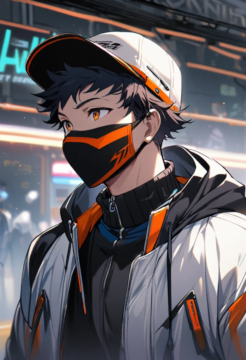 1man, black man, short hair, tech hear, jacket, hat, mouth mask