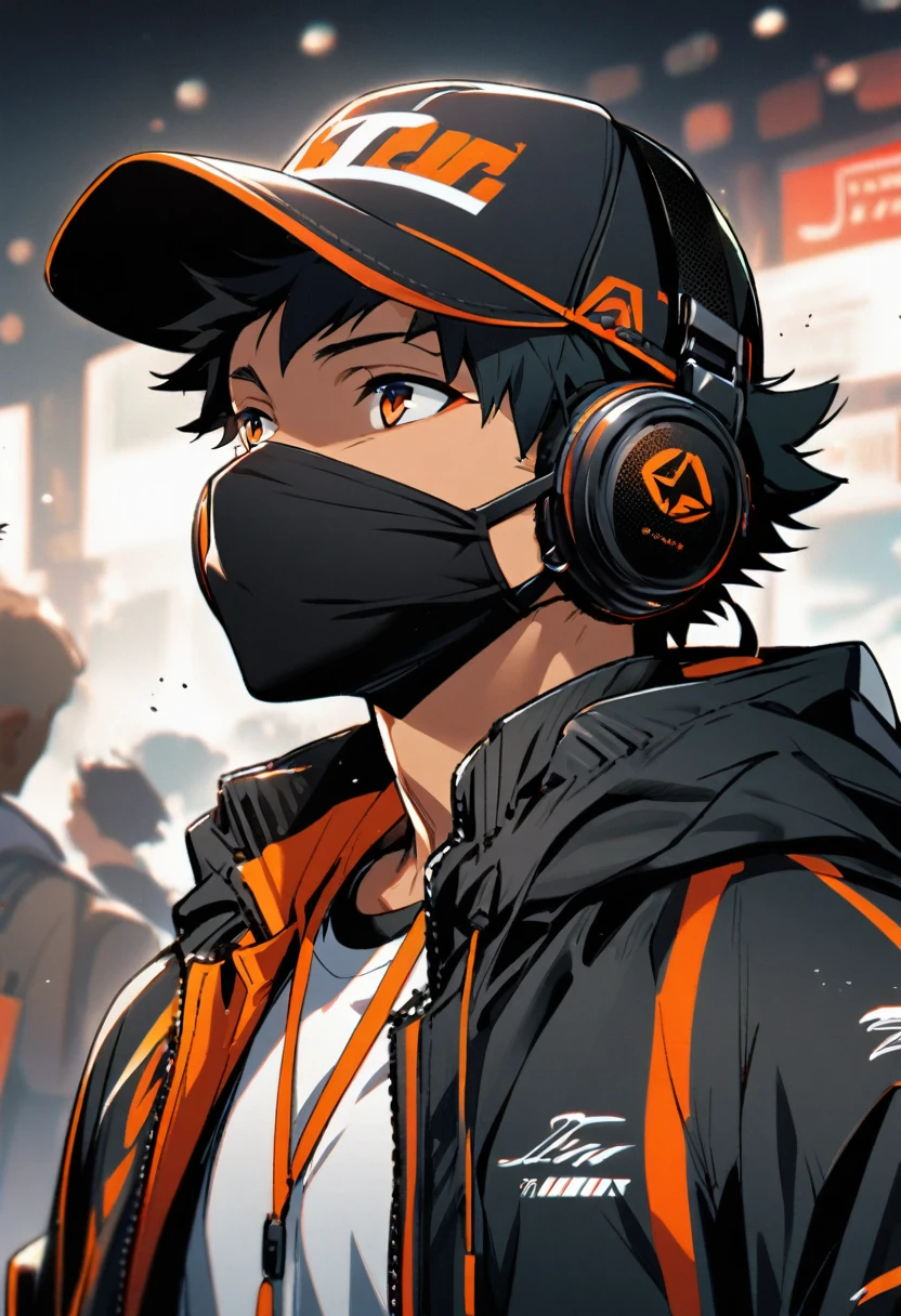 1man, black man, short hair, tech hear, jacket, hat, mouth mask