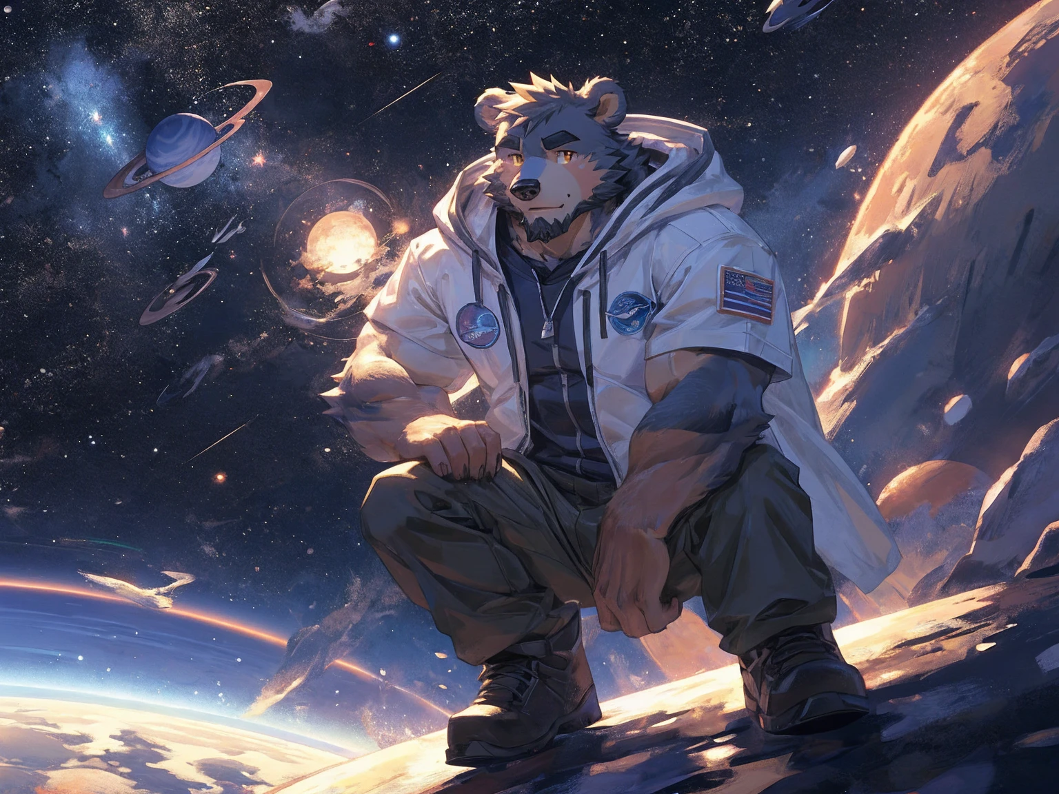 (masterpiece:1.2), best quality,pixiv,official art,perfect anatomy, (Ray tracing, light),solo, (1_male:1.3) , (muscle), (grey fur:1.4), (muscle bear), (beard:1.2), (gleaming golden eyes), bear tail, full body, Thick black eyebrows,(open hooded parka), (naked inside), (cargo pants:1.2), boots , (in the space:1.3) , star , planet , earth , asteroid , (character floating :1.3), clasping round knees