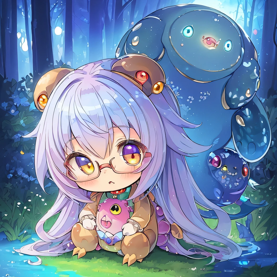 ((masterpiece)), ((best quality)), (ultra-detailed), ((kawaii)), cute, (lovely), illustration, anime style, (chibi:1.2), (Mysterious creature that is not human:2.0), Cute Mystery Creatures, solo, 1Mystery Creatures, (glasses), Mysterious appearance, Clear blue sky background.