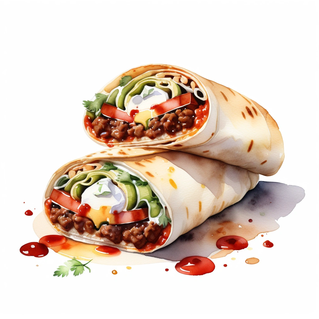 there is a huge extremely delicious burito, (watercolor), illustration, isolated with solid white background, surrounded with negative space, centered compositon, 8k, highly detailed painting, very precise painting