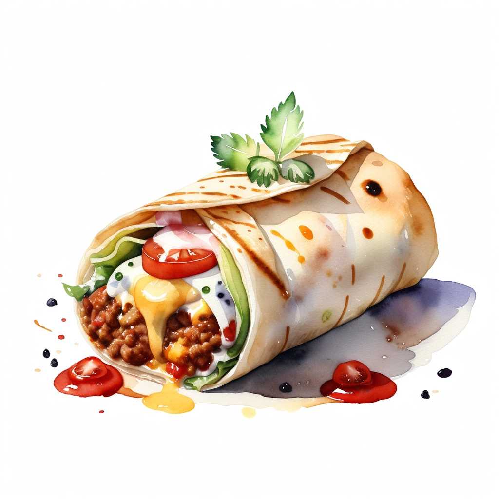 there is a huge extremely delicious burito, (watercolor), illustration, isolated with solid white background, surrounded with negative space, centered compositon, 8k, highly detailed painting, very precise painting