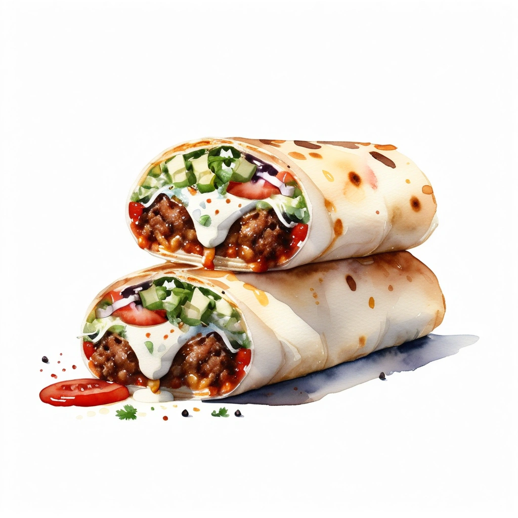 there is a huge extremely delicious burito, (watercolor), illustration, isolated with solid white background, surrounded with negative space, centered compositon, 8k, highly detailed painting, very precise painting