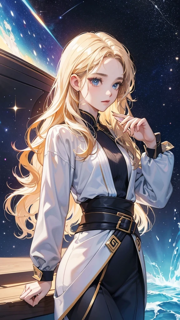 **background**:New Art Gallery、A space with digital art and interactive exhibits
**woman**:Wavy Hair、モードなファッションを着たwomanが、Appreciating digital art