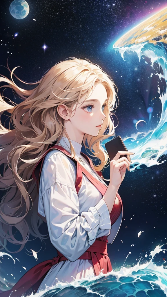 **background**:New Art Gallery、A space with digital art and interactive exhibits
**woman**:Wavy Hair、モードなファッションを着たwomanが、Appreciating digital art