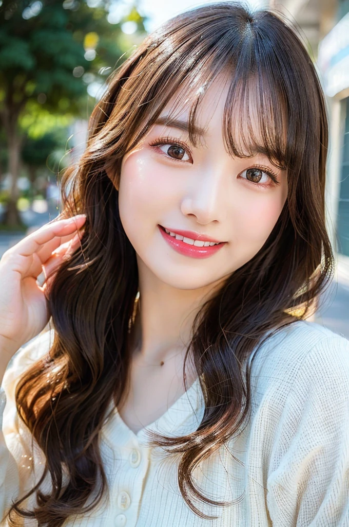 (((big laugh))), high-level image quality、20 year old Korean girl photo, raw, cute face, (Extra-long wavy hair), ((Portrait)), ((Detailed face:1.2)), ((A detailed face Characterized by fine skin), pale skin, , (cold color), moist, moist, reflector stay piece) (perfectly proportions)(photos realistic)(Best Quality) photographed in a Canon EOS R5, 50mm Lens,(8K), very long upper eyelashes、Very long lower eyelashes、Detailed lashes、Curled eyelashes、eyelash perm、Beautiful lashes, Glamorous makeup、Natural eyes、Oku Duplex、very beautiful eyelashes
