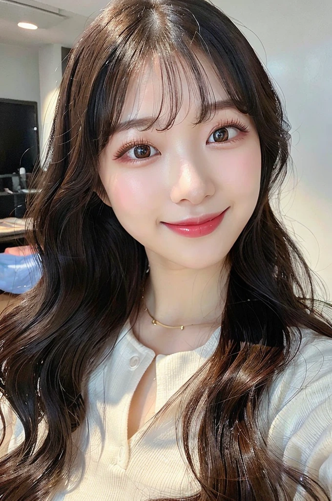 (((big laugh))), high-level image quality、20 year old Korean girl photo, raw, cute face, (Extra-long wavy hair), ((Portrait)), ((Detailed face:1.2)), ((A detailed face Characterized by fine skin), pale skin, , (cold color), moist, moist, reflector stay piece) (perfectly proportions)(photos realistic)(Best Quality) photographed in a Canon EOS R5, 50mm Lens,(8K), very long upper eyelashes、Very long lower eyelashes、Detailed lashes、Curled eyelashes、eyelash perm、Beautiful lashes, Glamorous makeup、Natural eyes、Oku Duplex、very beautiful eyelashes