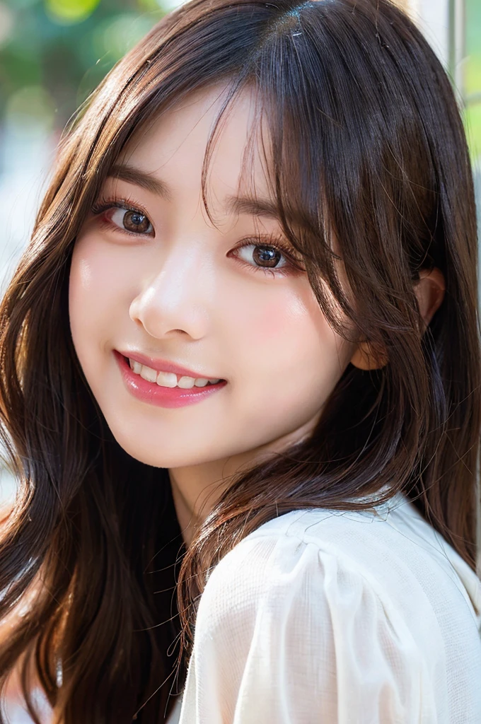 (((big laugh))), high-level image quality、20 year old Korean girl photo, raw, cute face, (Extra-long wavy hair), ((Portrait)), ((Detailed face:1.2)), ((A detailed face Characterized by fine skin), pale skin, , (cold color), moist, moist, reflector stay piece) (perfectly proportions)(photos realistic)(Best Quality) photographed in a Canon EOS R5, 50mm Lens,(8K), very long upper eyelashes、Very long lower eyelashes、Detailed lashes、Curled eyelashes、eyelash perm、Beautiful lashes, Glamorous makeup、Natural eyes、Oku Duplex、very beautiful eyelashes