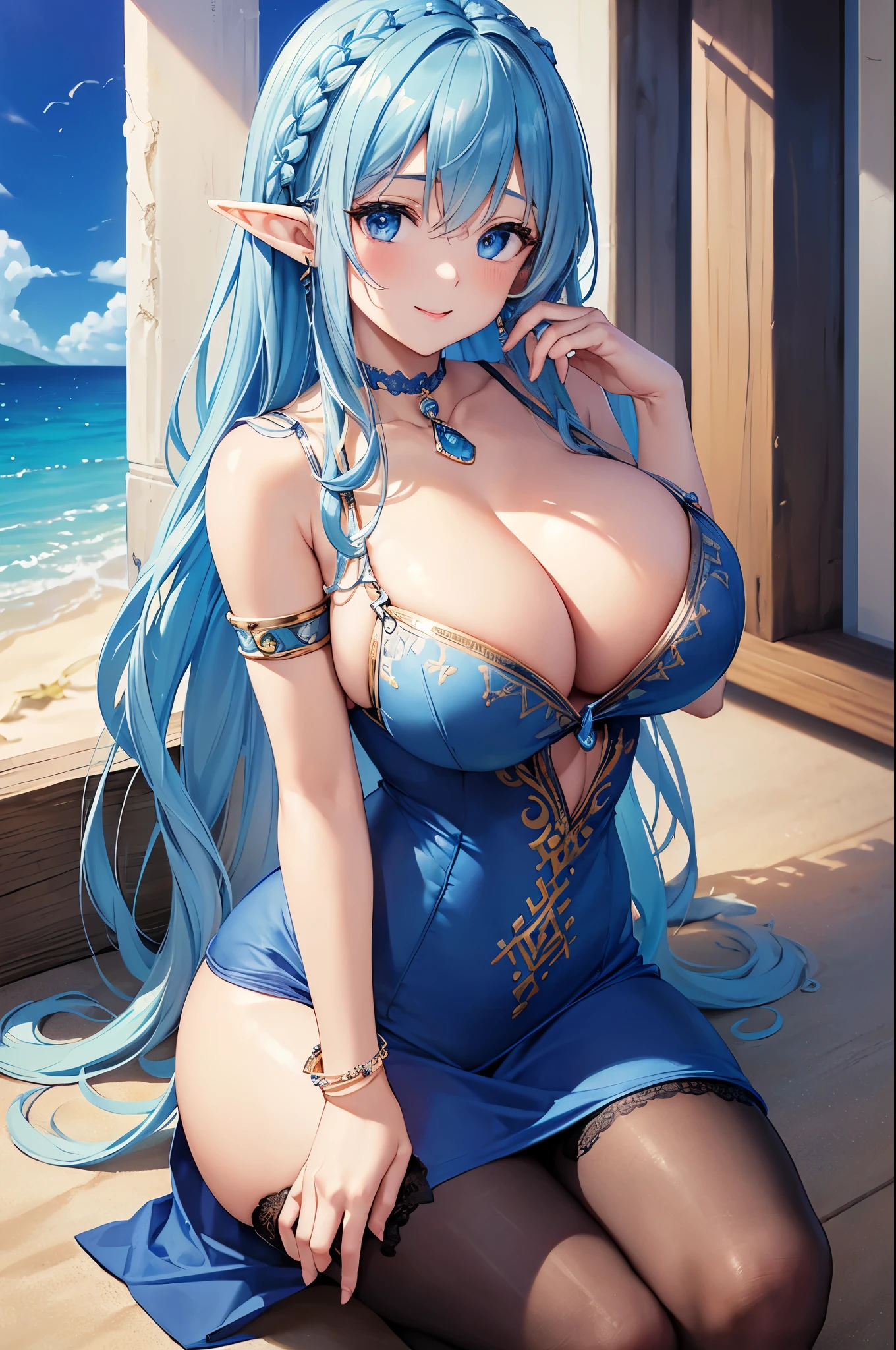 Highest quality、Highest quality、masterpiece、(8K resolution),beauty(Age 25)、(Mature Appearance)、Light blue long hair(Braiding of sides)、blue eyes、(Detailed embroidered underwear)、(Elf)、Big cleavage、((Big Breasts))、smile、blue necklace、Blue Earrings、background(Beach)、Please open your mouth wide、bracelet、Dynamic pose、Blue choker、black tights