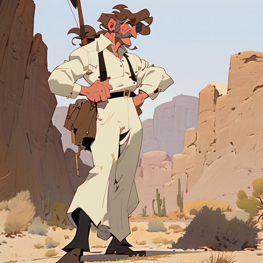 1man, Old West, cartoon, Brown wavy hair, big hair, strong Body, white dress shirt with, black suspender, faded black pants patched, Beret, thin big mustache, cheek spot, Arrogant, young adult, Muscular, full body, Holding a bow and arrow, Farm in the desert, Stable 