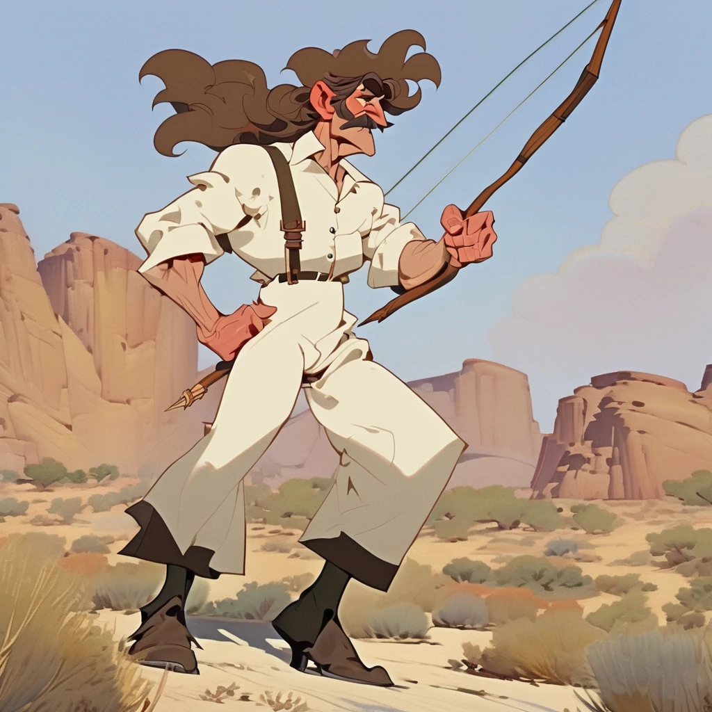 1man, Old West, cartoon, Brown wavy hair, big hair, strong Body, white dress shirt with, black suspender, faded black pants patched, Beret, thin big mustache, cheek spot, Arrogant, young adult, Muscular, full body, Holding a bow and arrow, Farm in the desert, Stable