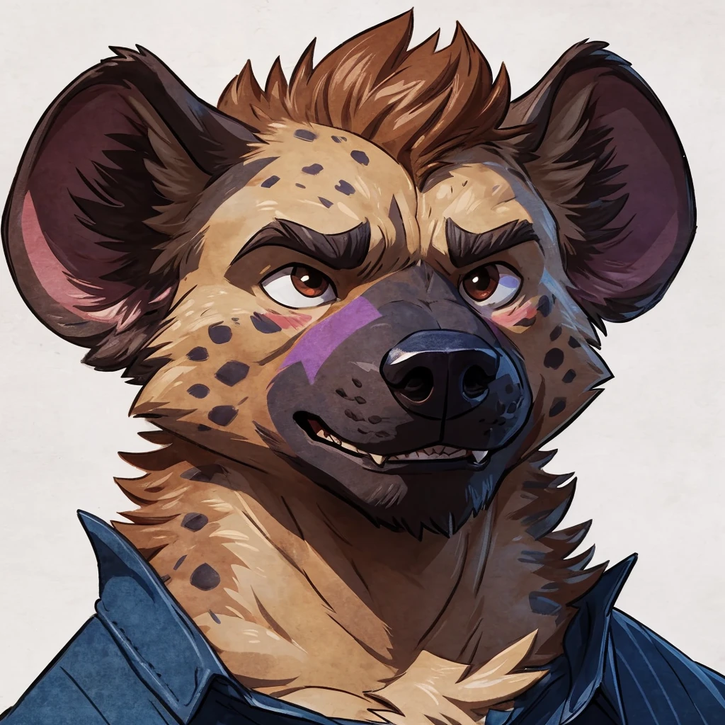 anthro ((male)) hyena, ((hyena)) 4k, high resolution, best quality, posted on e621, solo, anthro body, male, adult, correct anatomy, (white background), (by wfa:1), (by Taran Fiddler:0.5), young, (cel shaded, cartoony shading:1.2), black lineart, black outline, flat coloring, (strong shadows, dark shadows:1.2), dynamic pose, ((face close up)), ((blushed))