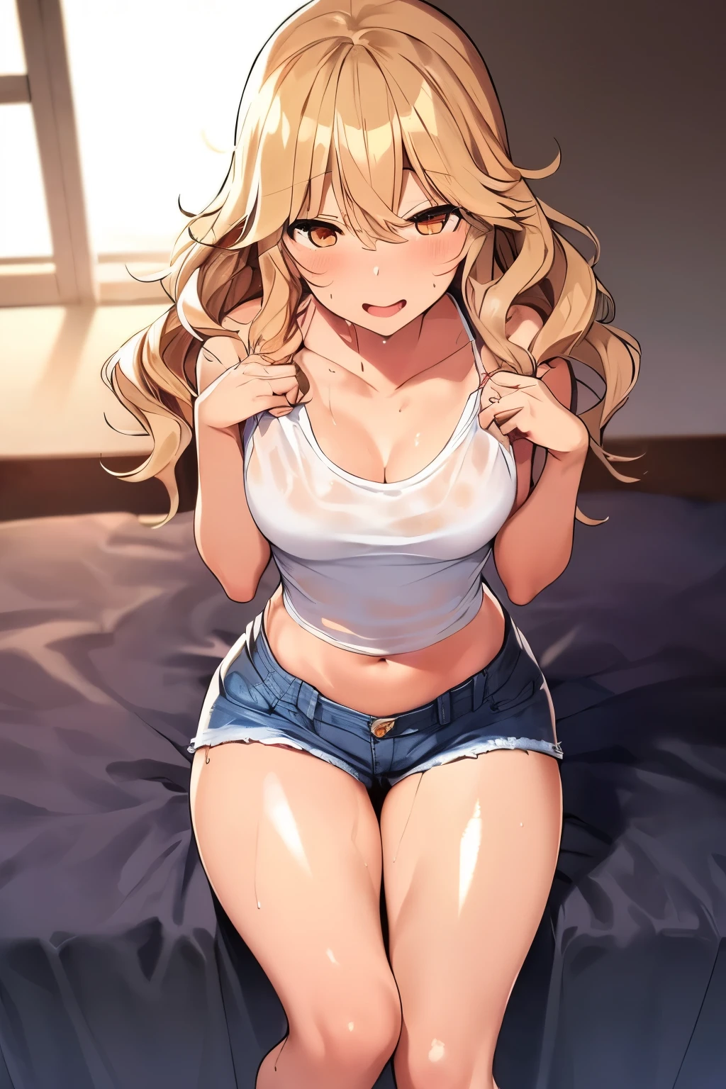 2d, Superb, (Masterpiece), (Full length), (Shiny amber hair:1.6), (Wavy medium hair:1.6), (Brown beautiful girl), (Healthy dark skin), (Sunburn mark), clavicle, (Denim hot pants:1.3), (Tank top), JK,Slender figure ,Glamorous Bare Feet, Leg hair, Brown Eyes, Attractive thighs, Medium chest, bedroom, On the bed, Light from the window, Sexy expression, Sweaty, Wet Hair, Drops from hair,Put your hands on your chest, Breathless, Bold pose
