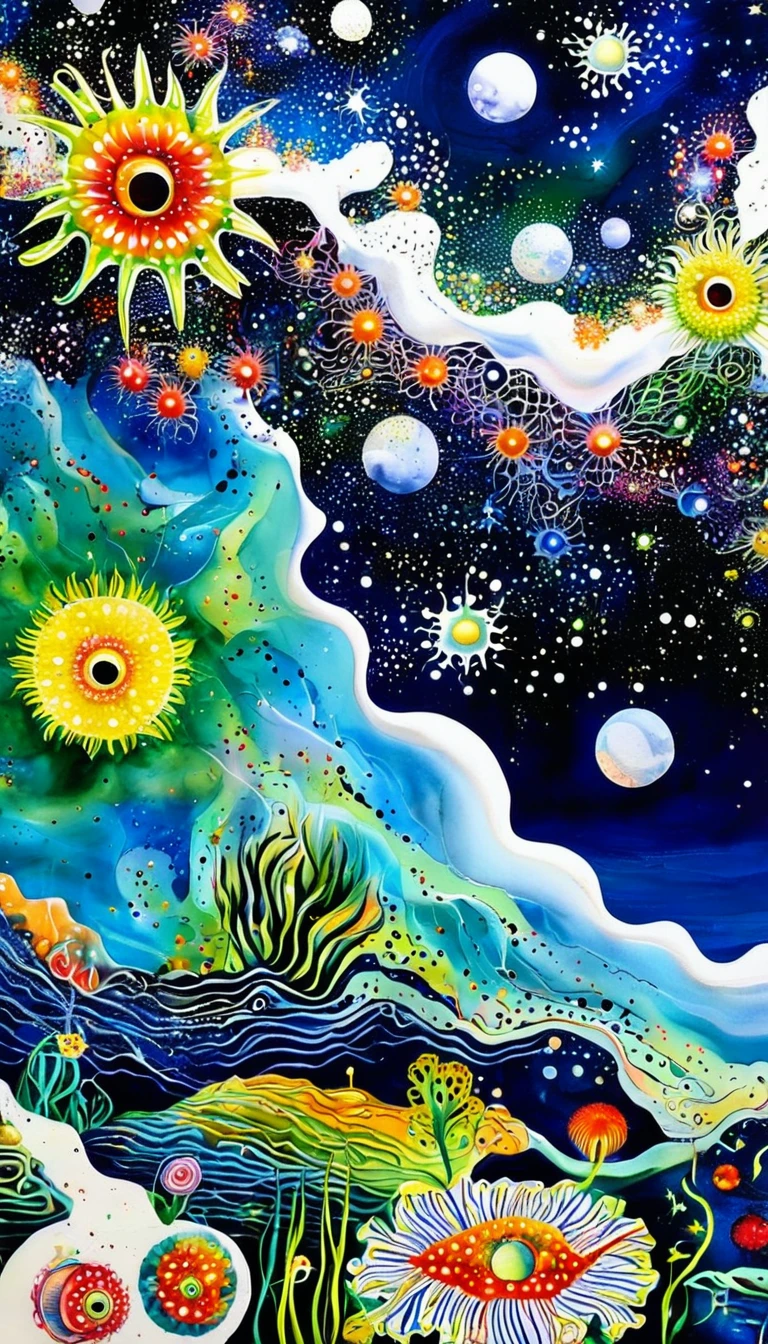 microorganism、plant、Marine life、Exquisite eyes、Starry Sky，Stitching together an abstract painting，Describing the inner world of autistic people，3D spatial sense，White Space，interesting，Innocence，Psychedelic Art，Strong contrast between light and dark