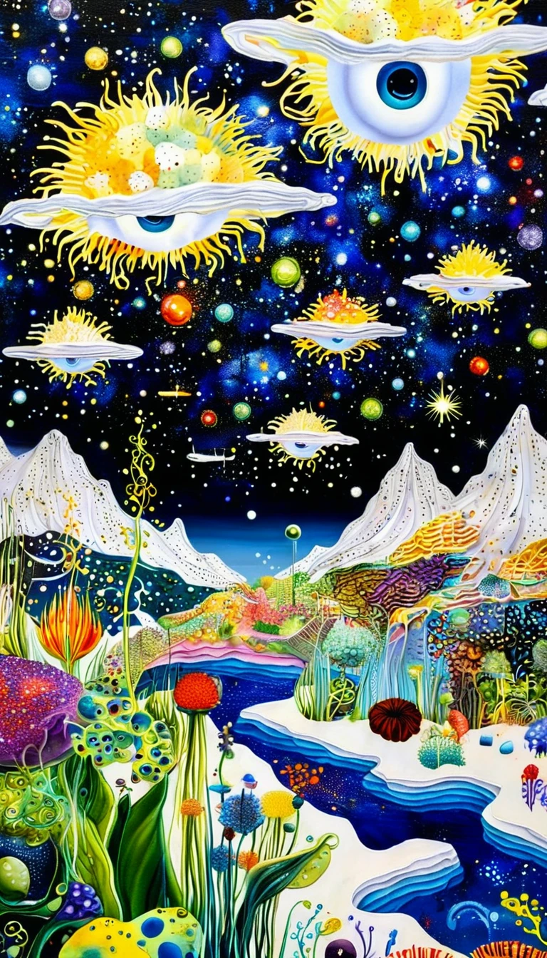 microorganism、plant、Marine life、Exquisite eyes、Starry Sky，Stitching together an abstract painting，Describing the inner world of autistic people，3D spatial sense，White Space，interesting，Innocence，Psychedelic Art，Strong contrast between light and dark