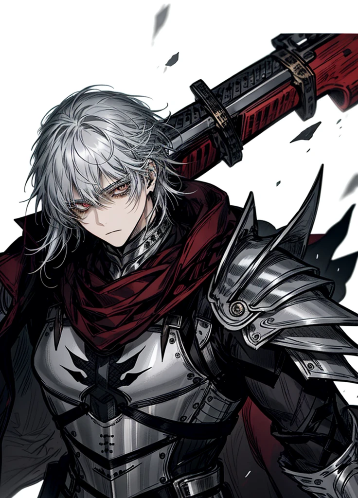 1boy ,Silver hair, silver eyes ,silver armor, mercenary, leather suit, weapon, sfw, beautiful clothes , (masterpiece, best quality) , sword, calm