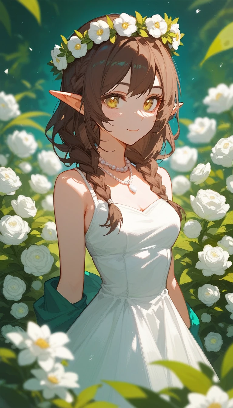 (Fraction_9,Fraction_8_Direction_7_up),（1 woman），（Sexy），Elf，Yellow eyes，Brown hair，Braids，背后Elf透明炫彩翅膀，Pointed ears，Pearl jewelry on neck，Green clothes，White Dress，White flowers，Colorful wreath on head，