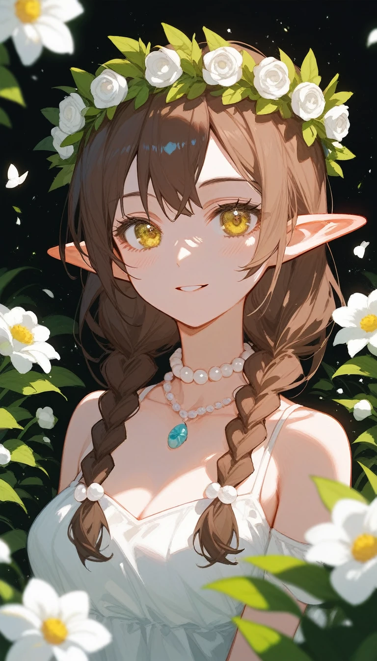 (Fraction_9,Fraction_8_Direction_7_up),（1 woman），（Sexy），Elf，Yellow eyes，Brown hair，Braids，背后Elf透明炫彩翅膀，Pointed ears，Pearl jewelry on neck，Green clothes，White Dress，White flowers，Colorful wreath on head，