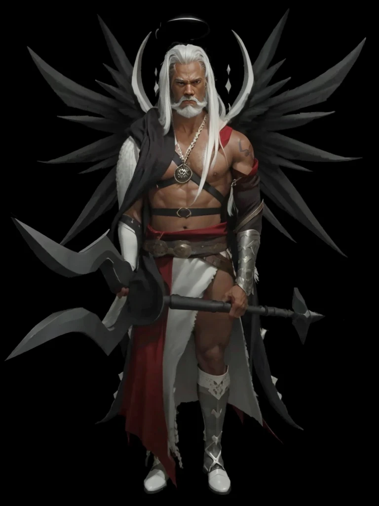 A very strong black gentleman, warrior with a staff in hand, with white long hair, with eyebrows and white beard, with black wing and warrior outfit set.