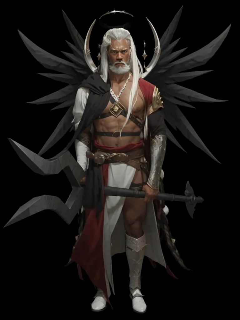 A very strong black gentleman, warrior with a staff in hand, with white long hair, with eyebrows and white beard, with black wing and warrior outfit set.