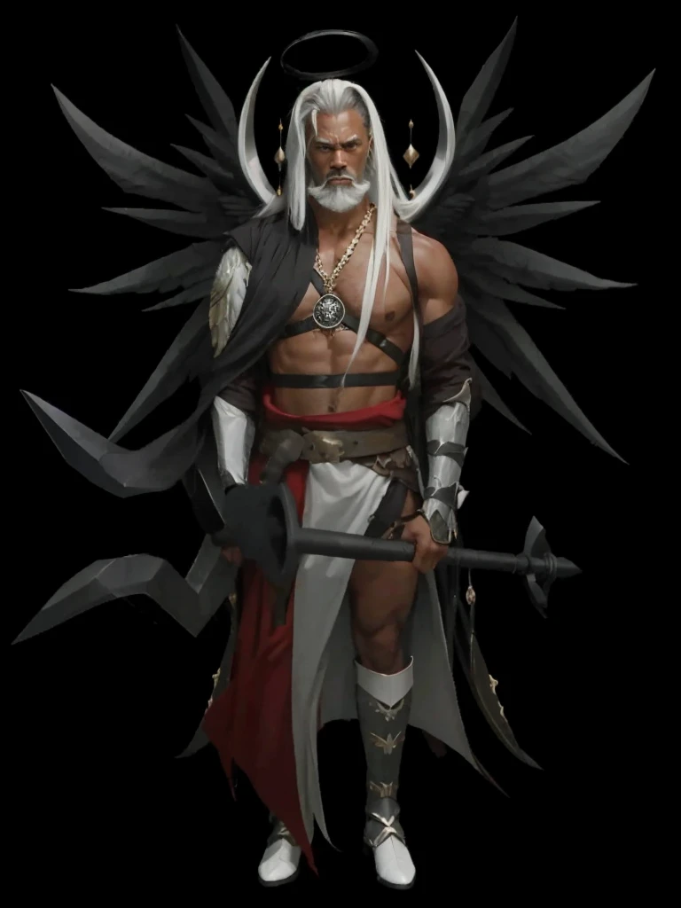 A very strong black gentleman, warrior with a staff in hand, with white long hair, with eyebrows and white beard, with black wing and warrior outfit set.