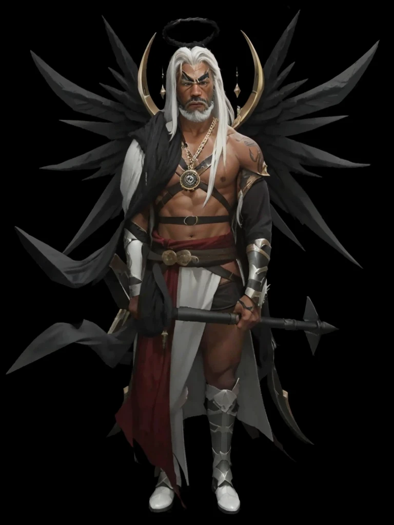 A very strong black gentleman, warrior with a staff in hand, with white long hair, with eyebrows and white beard, with black wing and warrior outfit set.