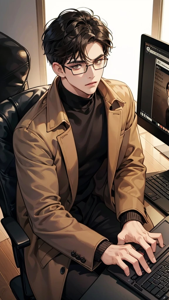 1 boy, Young Man, Eyes staring at the camera, Perfect Male Body, (Black Hair, Brown coat,Brown sweater, Glasses, Sit in front of your laptop),Computer screen, Control Room