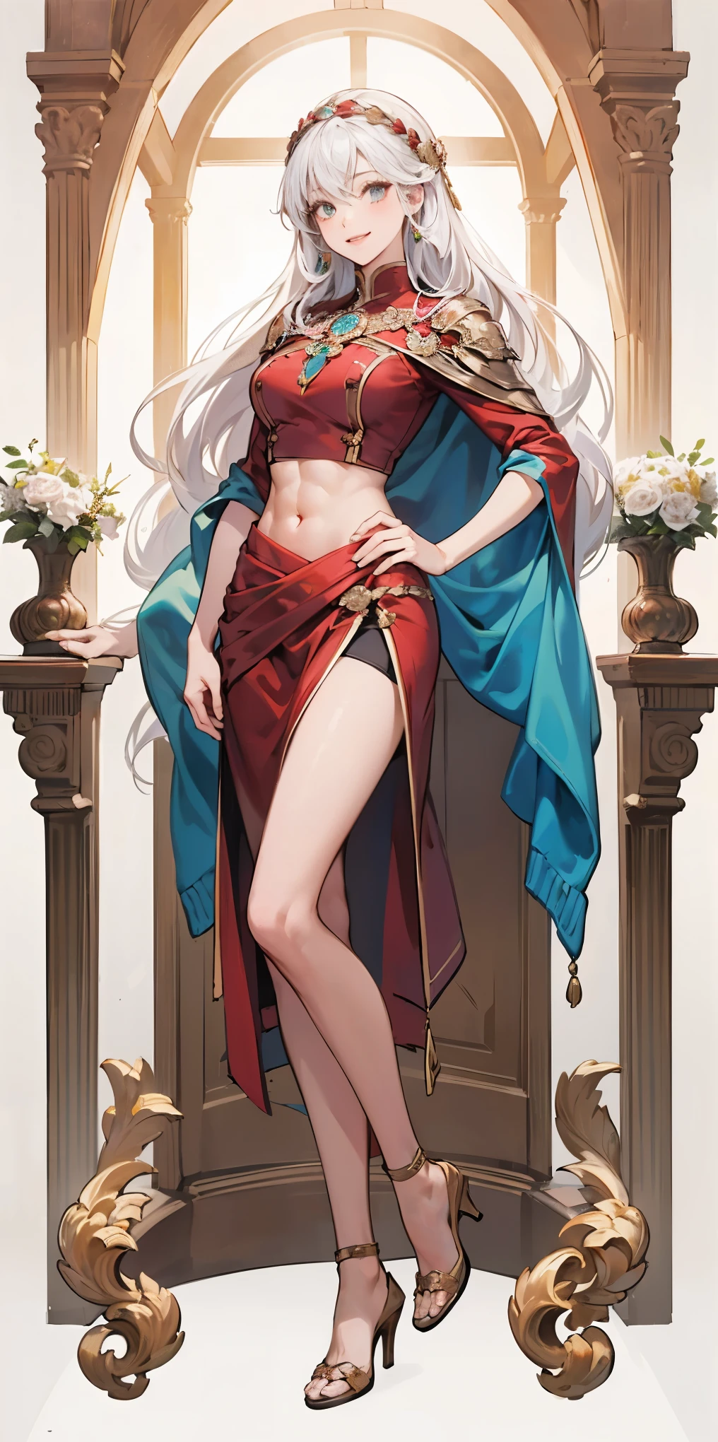 (masterpiece, best quality), intricate details, 1girl, Bridesmaid Muscular full body woman White hair White braid Motherly body smile Porcelain skin Red heels with feet together Long hair Hands on waist Navel Strong abs Direct look Perfect lighting Masterpiece High quality